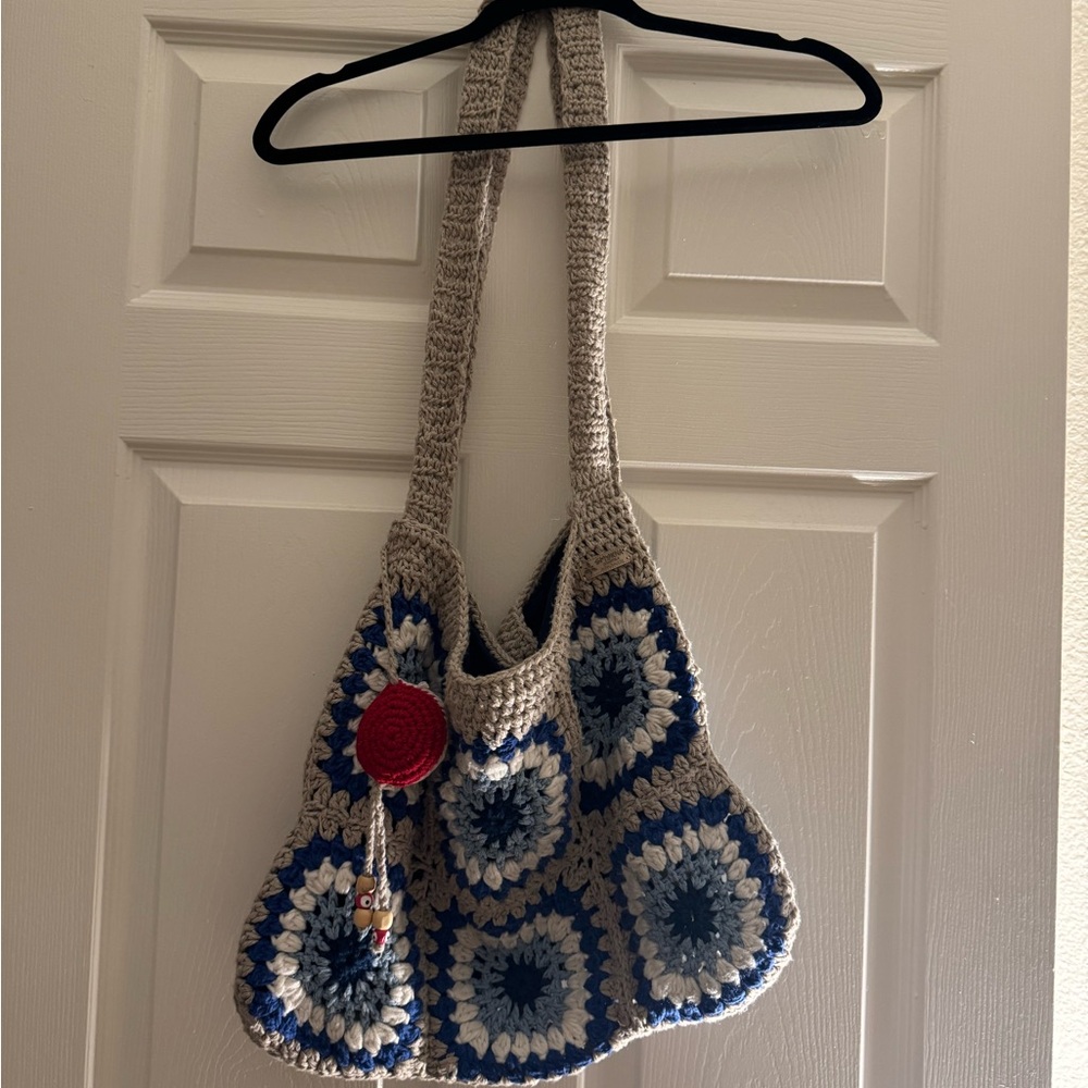 Evil Eye Crocheted Granny Square Tote Bag with Inner Lining